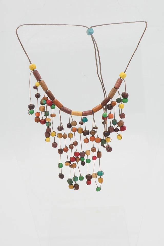 Divertido collar babero cuello flecos cuentas madera lacada multicolor hecho a mano de colección Foto 3 de 4
