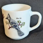Vintage Arcopal 9oz Milk Glass Mug Painted Cardinal Blue Jay Woodpecker