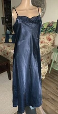 Vtg Halston NightGown Maxi Slip Dress Satin Navy Blue (Size Large) 46”
