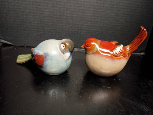 Pair Of Glazed Pottery Fat Colorful Birds Figures
