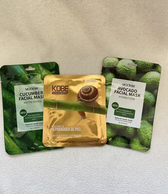 Lot 3 dif. Facial Sheet Masks, CUCUMBER, AVOCADO, SNAIL, Moisture Face Mask Pack