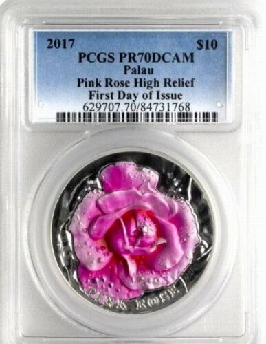 PCGS PR70 First Day of Issue Palau 2017 Pink Rose Silver Coin 2oz COA - Picture 1 of 2