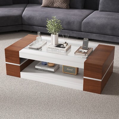 Rectangular 2-Tier Center Tables with Storage Wood Cocktail Tea Tables Walnut