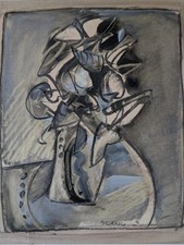 SERGIO SCANU DISEGNO TECNICA MISTA VASO CON FIORI SARDEGNA RARO ORIGINALE 27x32