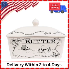 Country Stoneware Butter Dish with Lid, "Spread the Love" Message, and Farm Line