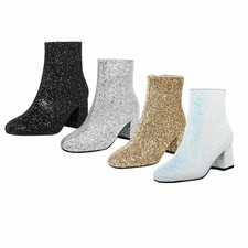 Chunky Heels Ankle Boots Glitzer Stiefeletten mit Blockabsatz Reißverschluss