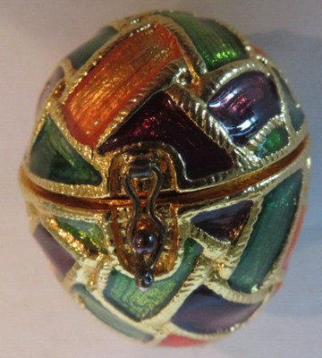 Egg Trinket Box Gold Tone Embellished Jewel Tone Colors 1 3/4 Hinge Secret Notes