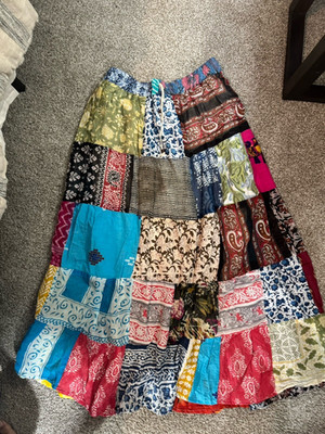 Kathmandu Imports Multicolor Patchwork Cotton Long A-Line Skirt One Size BOHO