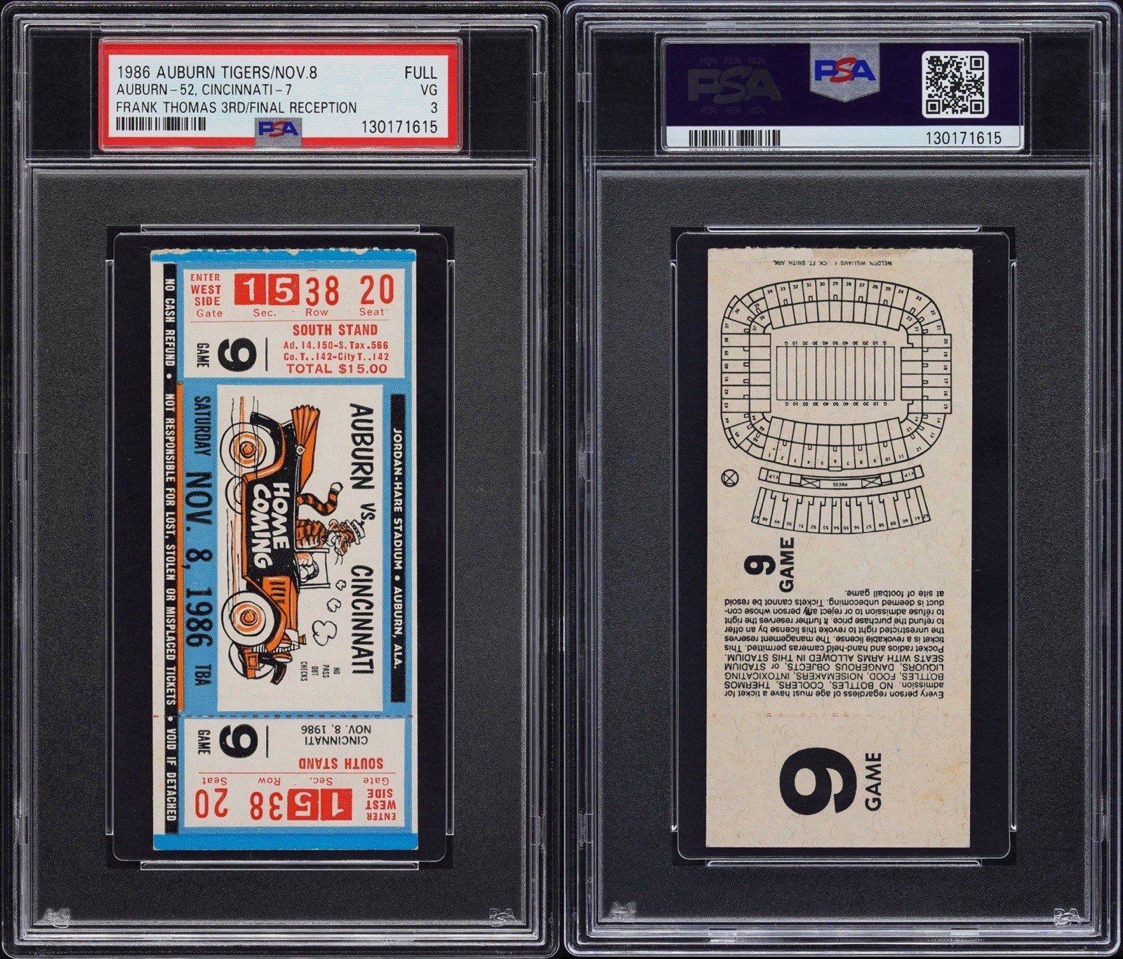 Frank Thomas Final Reception Catch - PSA 3 Ticket 1986 Auburn Tigers Cincinnati view 3