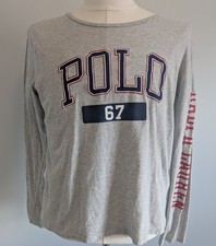 Polo Ralph Lauren Youth Large Embroidered Graphic T Shirt Long Sleeve Light Gray