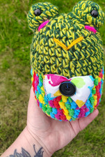 Handmade Crochet Frog Stuffed Animal Small with Rainbow Bow OOAK