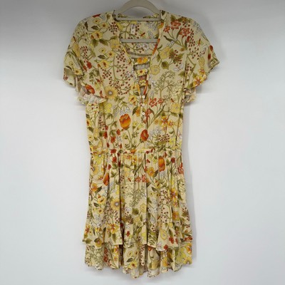 Spell Sayulita Short Sleeve Frill Mini Dress Women's Sz M Sunflower Lattice Trim