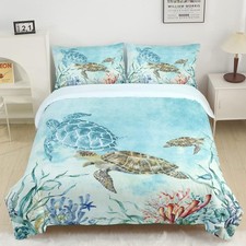 Queen Size Sea Turtle Duvet Cover Set, Ocean Watercolor Bedding for Kids