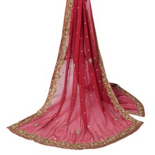Sushila Vintage Red Wedding Dupatta Pure Chiffon Silk Hand Beaded Long Stole