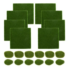 8 PCS 6x6 inch Artificial Grass Mat with 12 PCS Faux Moss Rocks for Decor