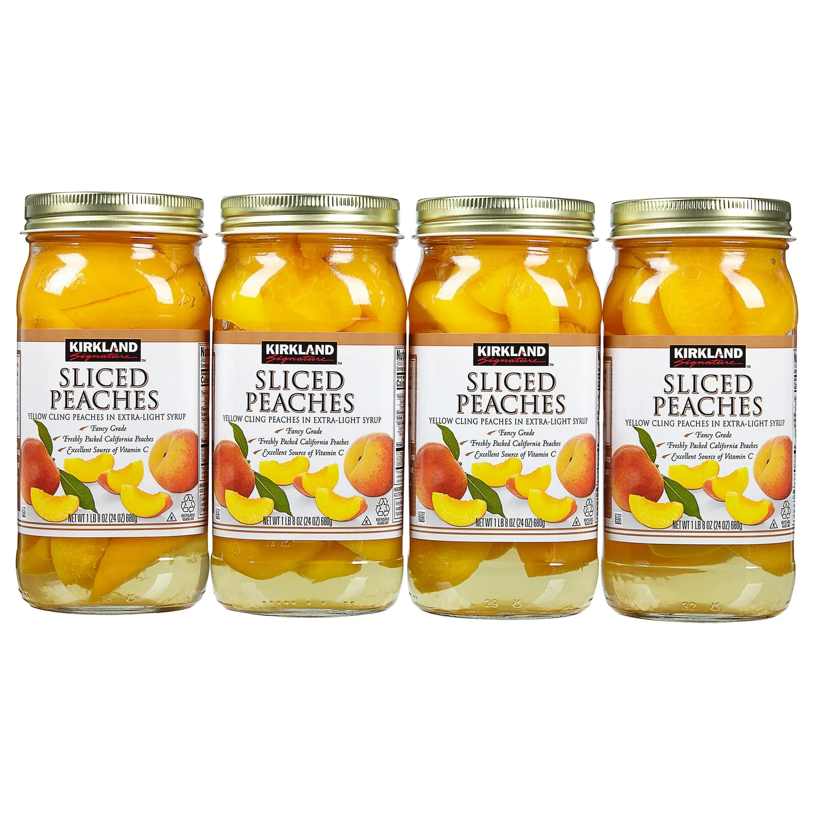 Kirkland Signature Sliced Yellow Cling Peaches Glass Jars, 24 oz, 4-pack