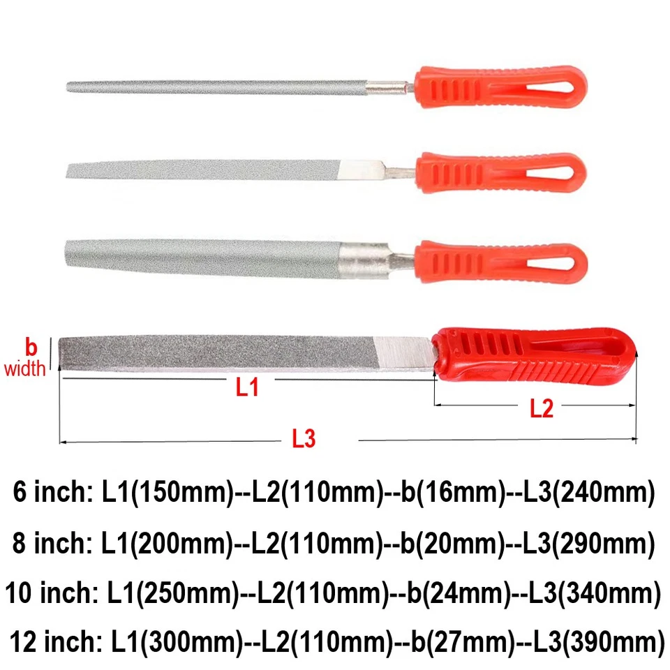 Diamond File Half Round Taper & Flat/Round File Stone Glass Metal 6/8/10/12 inch - Image 3 of 4