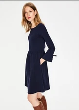 Boden Navy Blue Posie Jersey Knit Dress Size  14L Tie Sleeve Detail Keyhole Back
