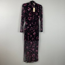 Hutch Black Pink Floral Mesh Ruched Midi Dress Size Small Slit 3/4 Sleeves