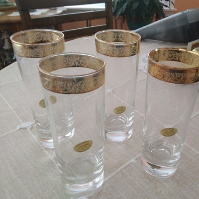 Vtg Cellini 24k Gold Rim Etched Italy Decorated Set 4 Tall Glasses Barware 6.5''