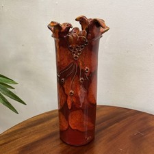Studio pottery vase red & orange glaze birds/berries