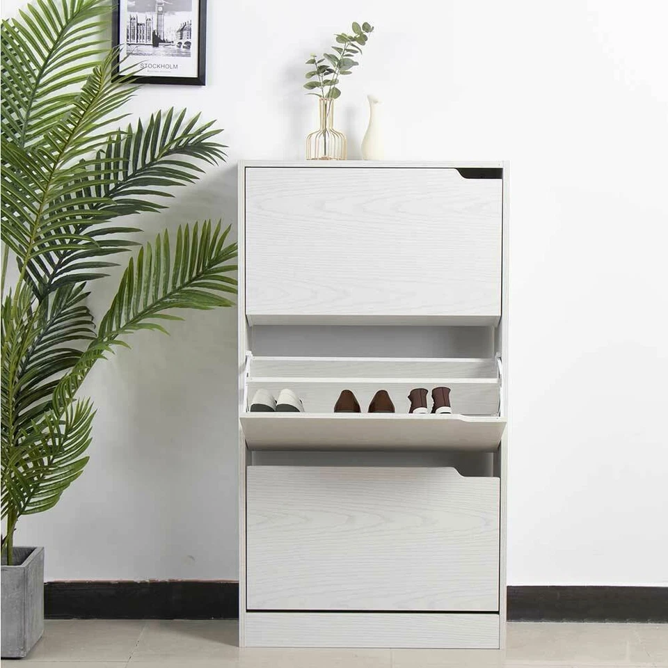 Scarpiera 3 Ante Ripiani Doppia Profondita Legno MDF 63x24x115 Bianco Frassinato - Immagine 3 di 4