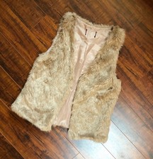Boho Hippie Chic Womens Large Tan Fuzzy Faux Fur Festival Renn Faire Layer Vest