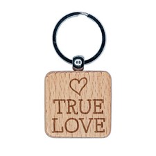 True Love Heart Fun Text Engraved Wood Square Keychain Tag Charm