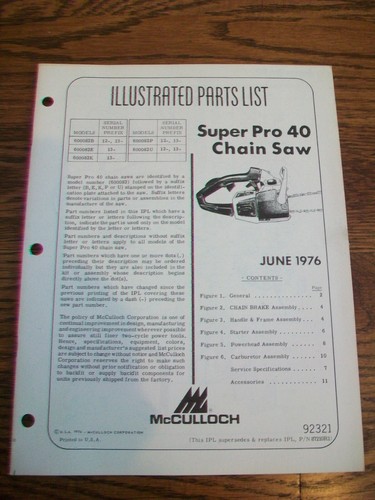 McCulloch Chain Saw Illustrated Parts List Super Pro 40 #92321 Dated June 1976