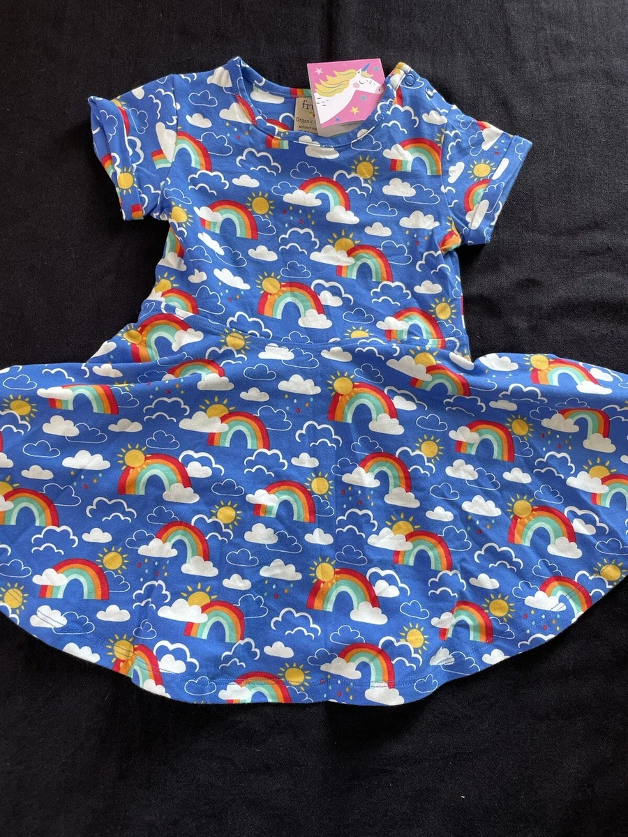 Frugi UK NWT Blue Multicolored Rainbows Organic Cotton Skater Dress 18 24Mos