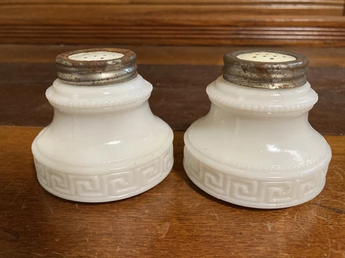 EAPG Milk Glass Roman Key Base Salt and Pepper Shakers ~ Greek Key ~ c. 1895