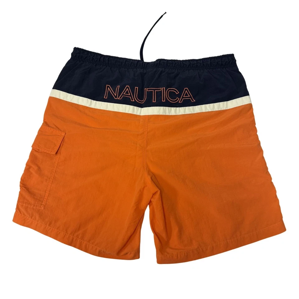Vtg 80's Nautica Swim Trunks Orange Blue COLORBLOCK Spell Out LOGO Surfer Shorts - Image 3 of 4