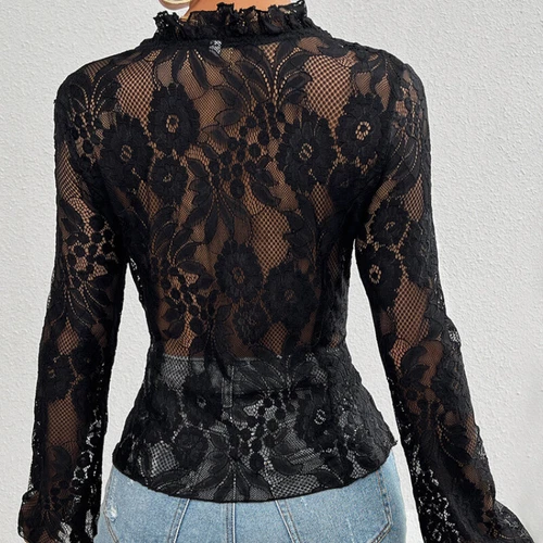 Sexy Damenbluse mit Blumenspitze zum Binden vorne durchsichtig V-Ausschnitt Cardigan Rüschenbluse - Bild 15 von 28