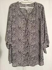 Catherines-Black White Gray Animal Cheetah Semi-Sheer 3/4 Sleeve Button Top-2X