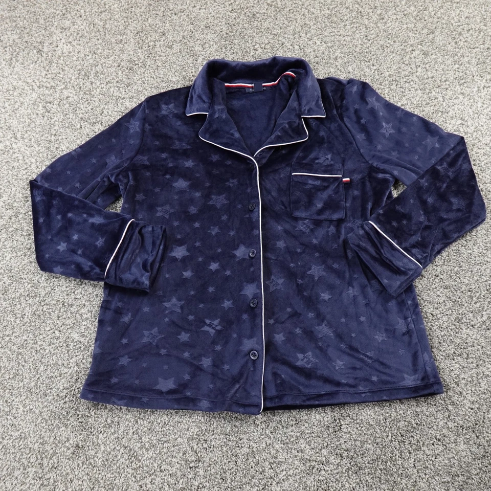 Tommy Hilfiger Pajama Set Womens S Blue Velvet Button Up Shirt Drawstring Pants - Image 2 of 4