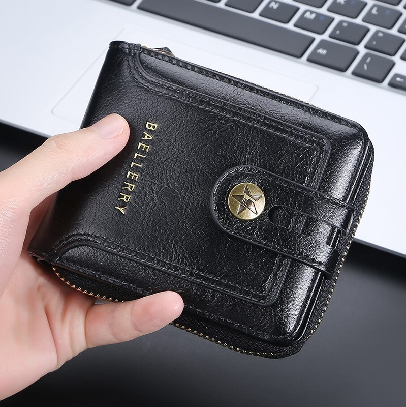Black Mens Leather Zipper Bifold Wallet with Coin Pocket Front Pocket Purse