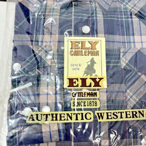 Ely Cattleman Boys M Pearl Snap Long Sleeve Tan Black Plaid Leather Belt NEW - Picture 8 of 11