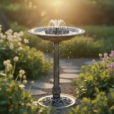 Weather-Resistant Antique Gray Bird Bath with Solar Fountain - Garden Essential