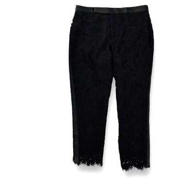 Boston Proper Lace Cropped Pants Womens Size 10 Black Satin Tuxedo Stripe