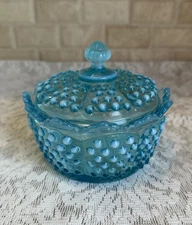 Fenton Opalescent Blue Hobnail Covered Candy Dish – Vintage Decorative Glass