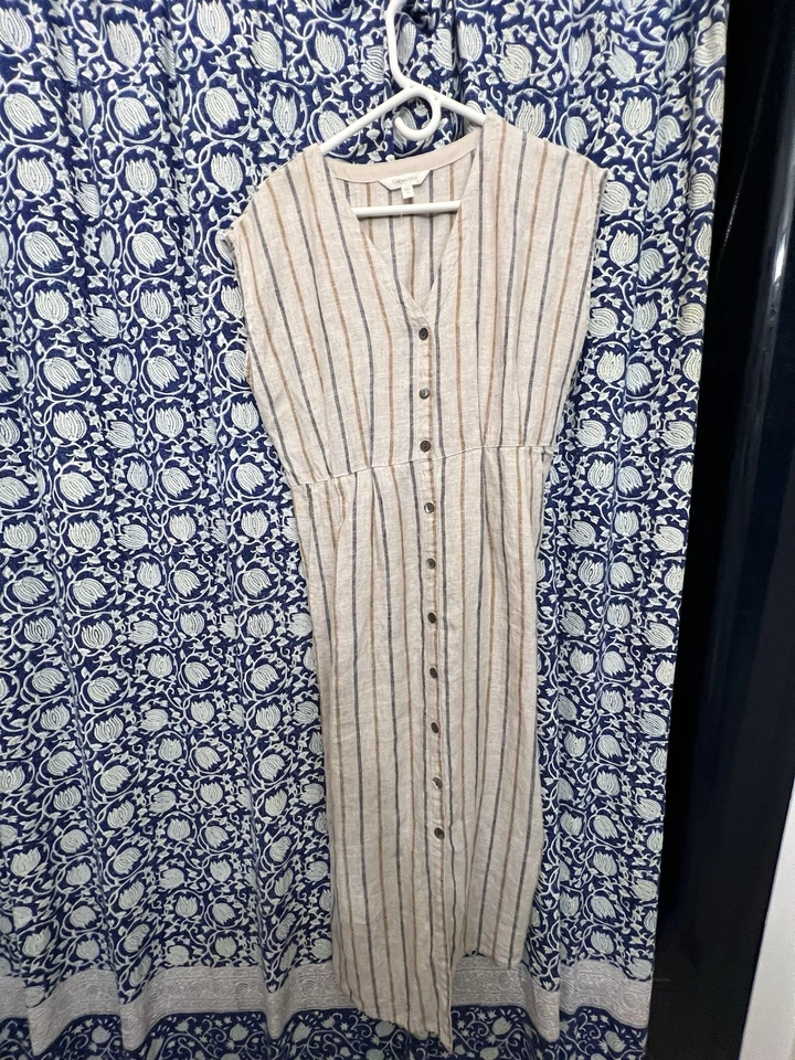 Vestido de lino europeo a rayas granate colina con bolsillos talla 6 bolsillos usado en excelente estado Foto 3 de 4