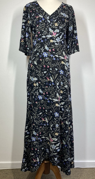Tree of Life Maxi Wrap Dress Size 10 12 Black Floral Boho Rayon Tie Waist