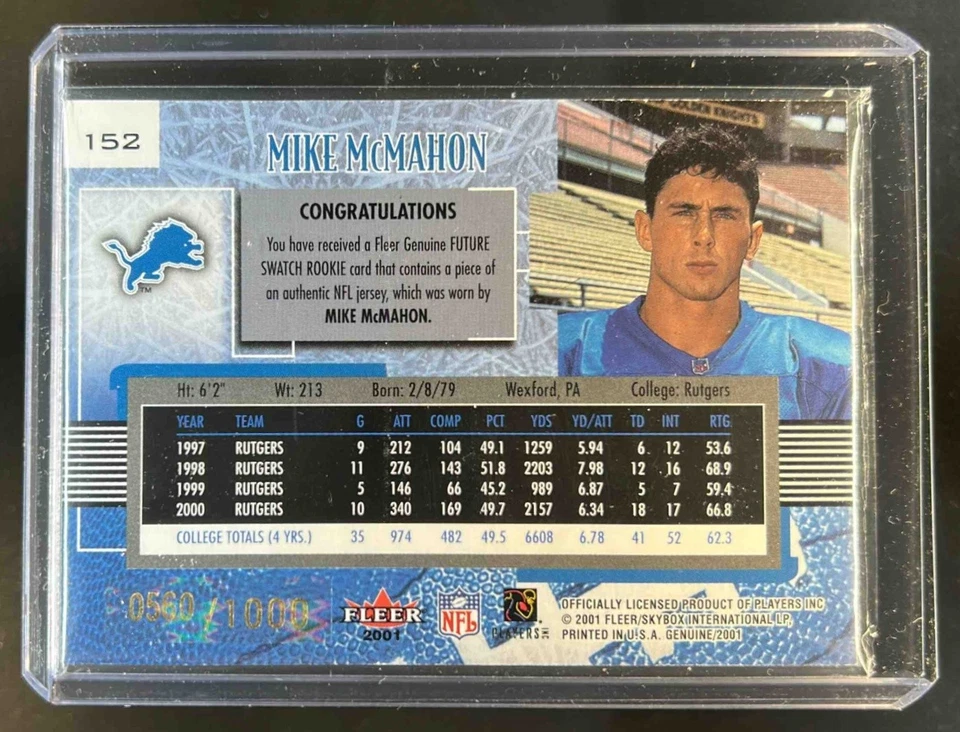 2001 Fleer Genuine Mike McMahon Rookie RC #/1000 Lions - Image 2 of 2