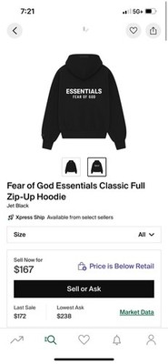 Essentials Classic Full Zip Hoodie Black Size LARGE authenticity confirmed
