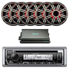Kenwood Marine CD Receiver, 6x 6.5" 195W LED Silver Speaker, 4-Channel Amplifier