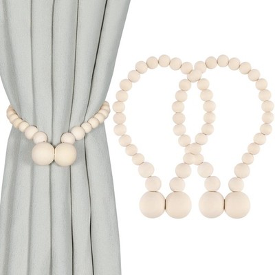 Magnetic Curtain Holders, Natural Wood Beads, Boho Decor, White
