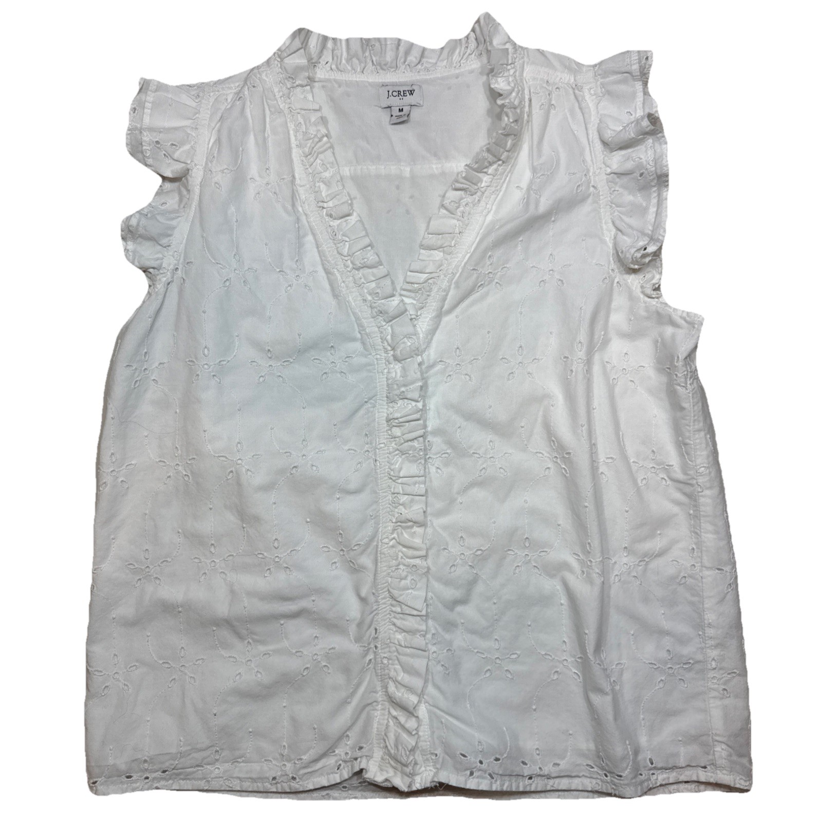 J.Crew Women’s Blouse Eyelet Ruffle Sleeveless White Size M