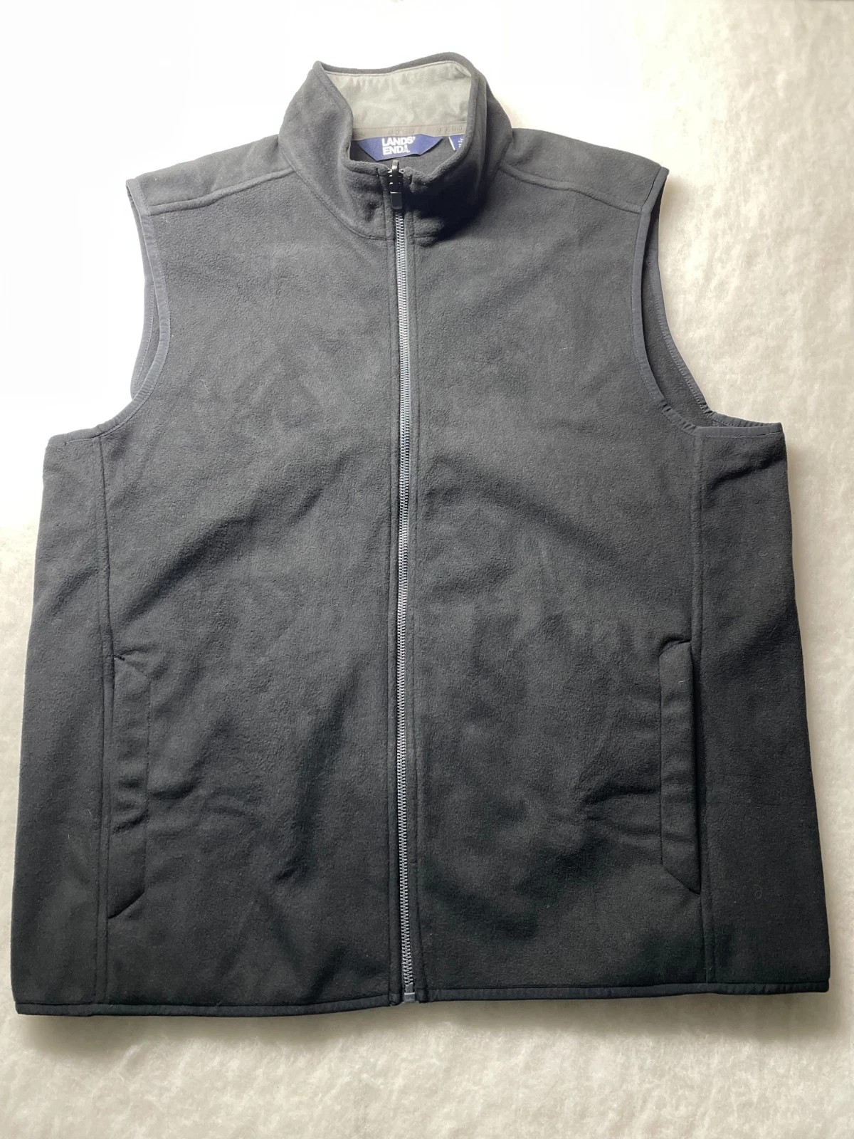 Lands' End Mens Black Thermacheck Fleece Vest Size Large Zip Pockets
