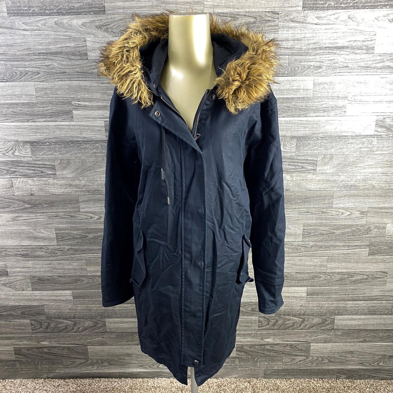 LIZ CLAIBORNE Full Zip Up Faux Fur Hood Black Parka Jacket Women's Size Large