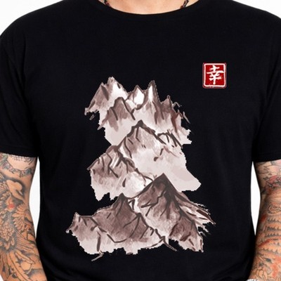 Japanese Mountain Graphic T-Shirt Ink Wash Landscape Tee Asian Art Style Top